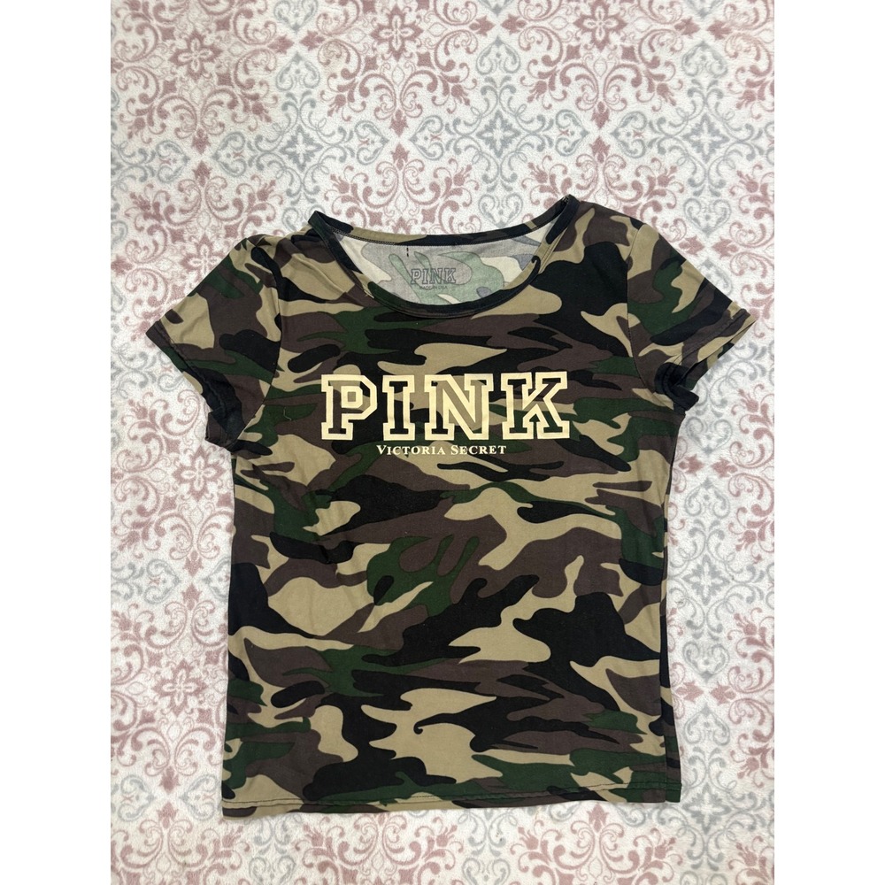 Victoria Secret PINK Camo Short Sleeve T-Shirt Green Brown XL